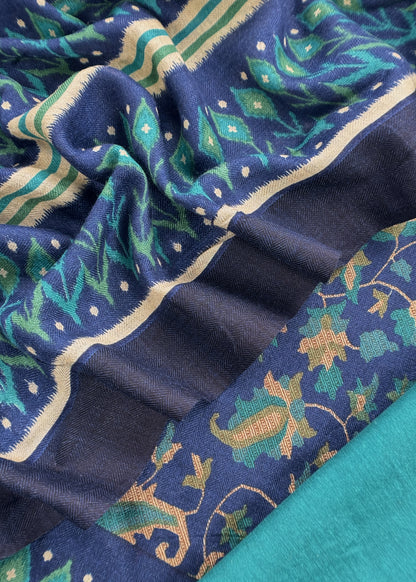 Blue Pure Pashmina Unstitched Dupatta-Suit With Kani Print