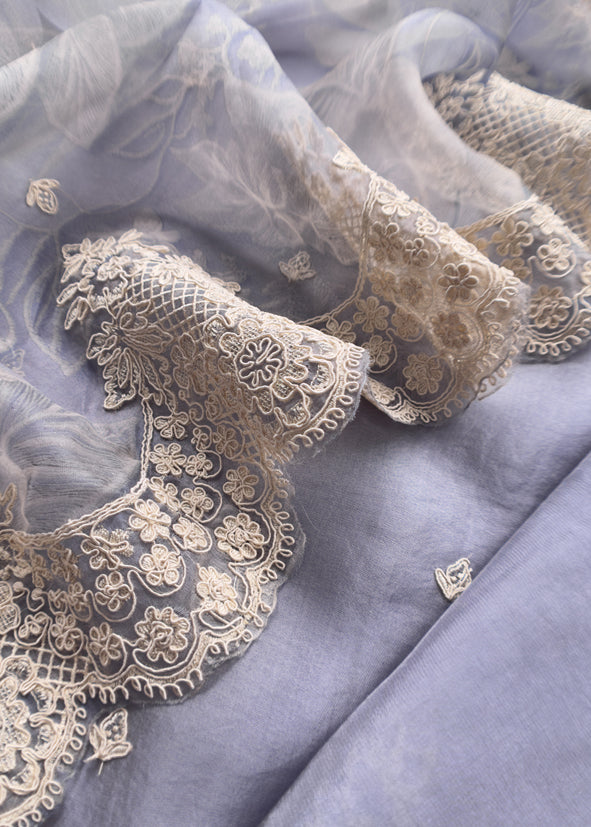 Luxe English Grey Blue Pure Kora Silk Suit With Brushprint And French Thread Embroidery