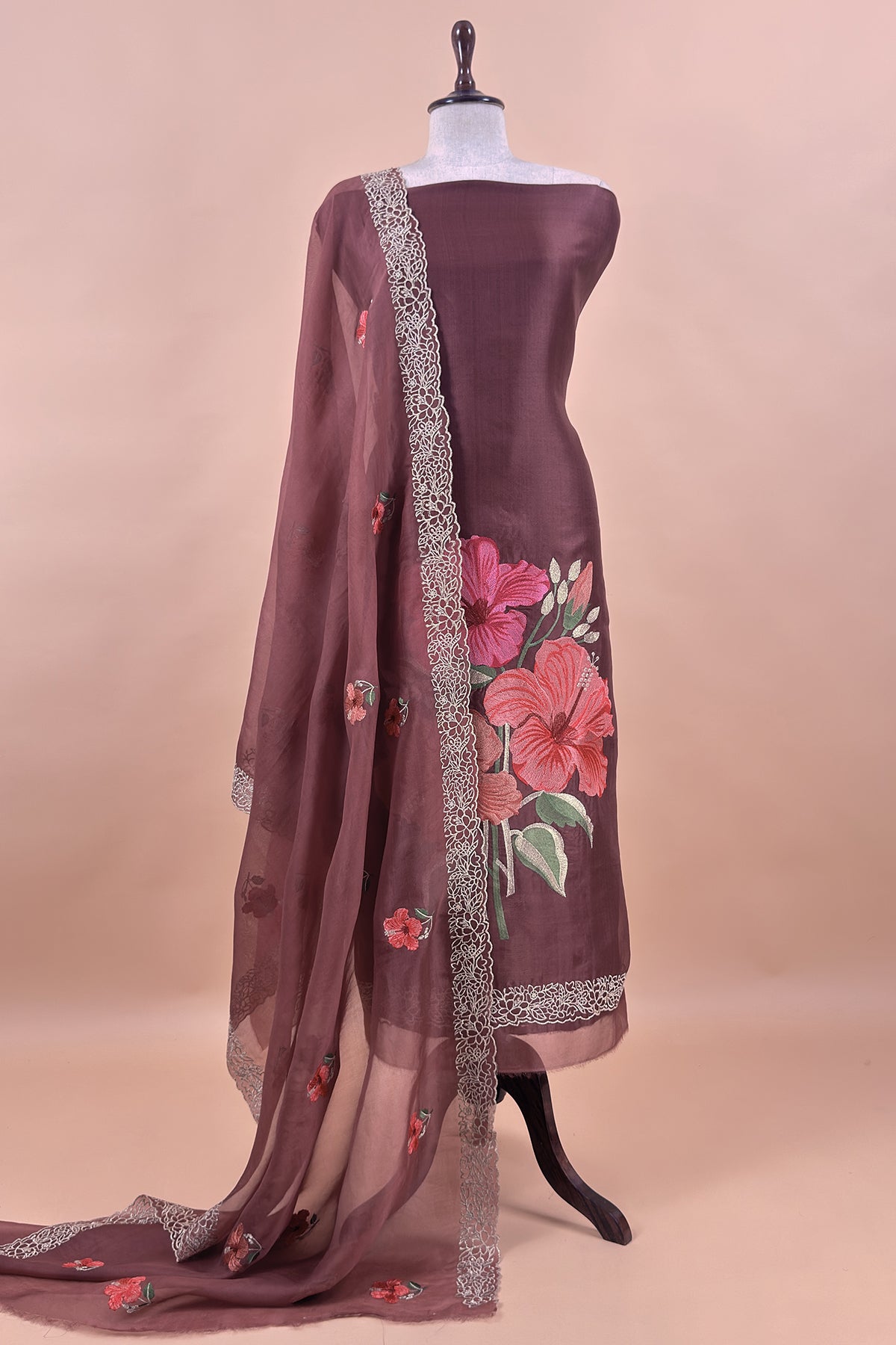 Mauve Brown Pure Organza Unstitched Suit With Tropical Hibiscus Embroidery