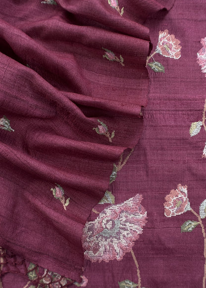 Wine Handloom Tussar Suit Fabric With Cross-Stitch Embroidery