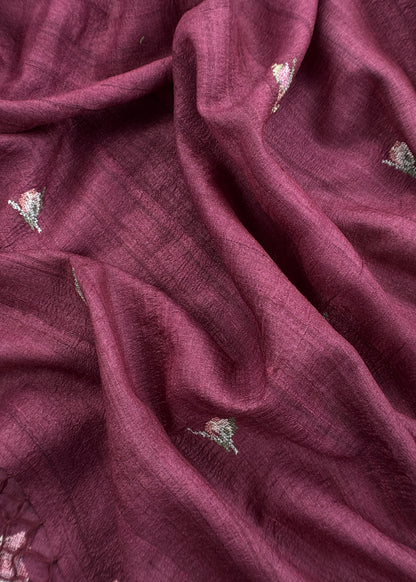 Wine Handloom Tussar Suit Fabric With Cross-Stitch Embroidery