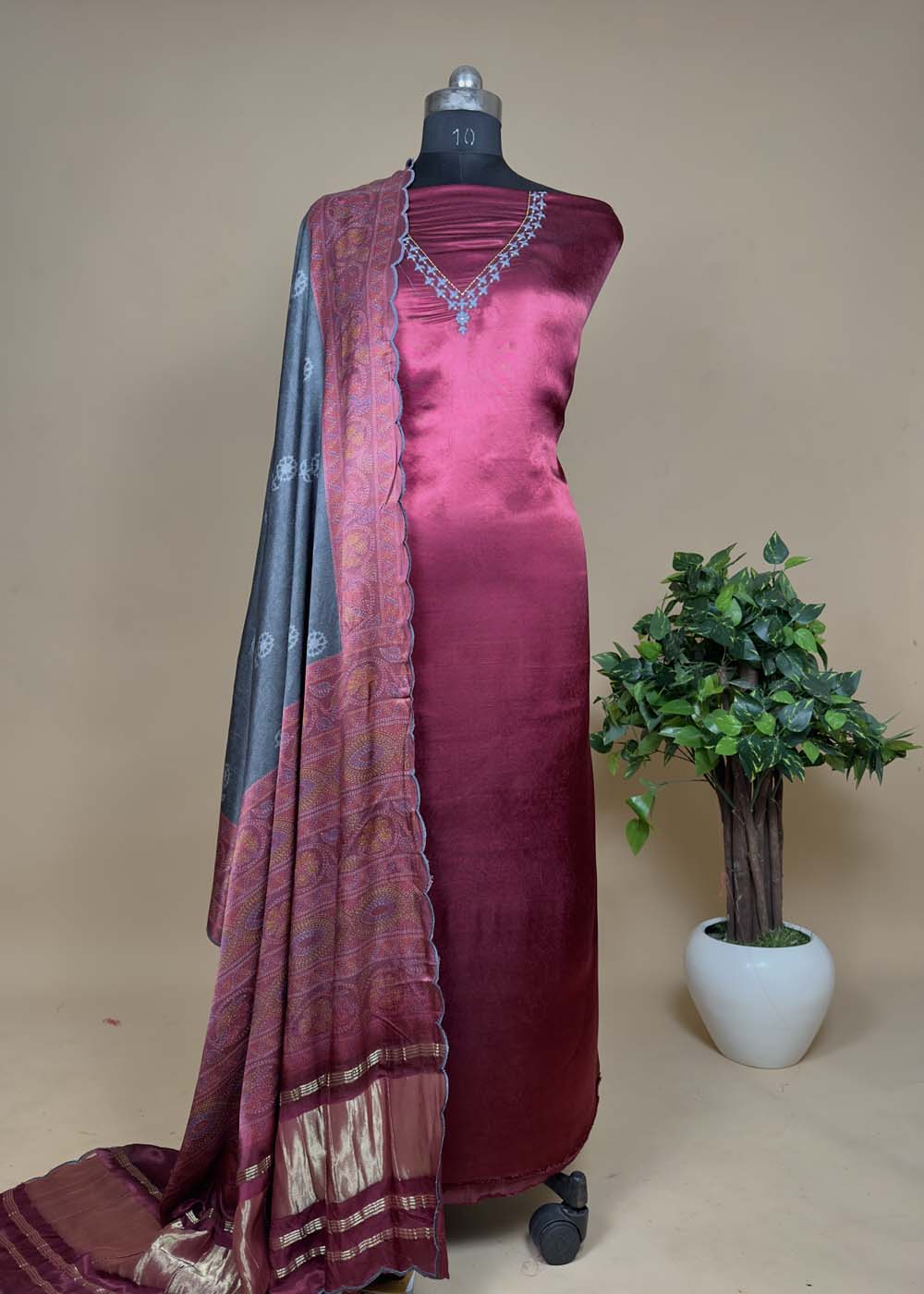 Black Gajji Silk Suit With Contrast  Bandhani Dupatta