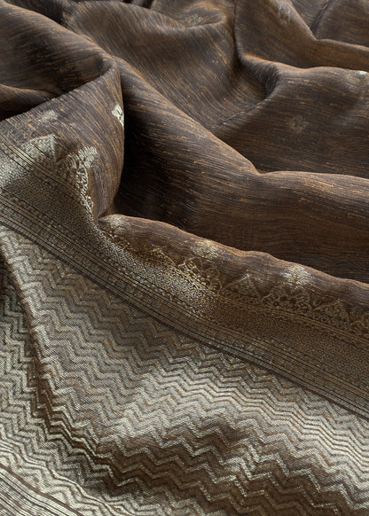 Wenge Brown Chanderi Unstitched Suit With Gold Zari Jamdani Weaving