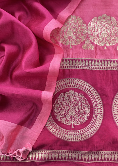 Pink Designer Handwoven Silk Suit Fabric With Zari Weaving