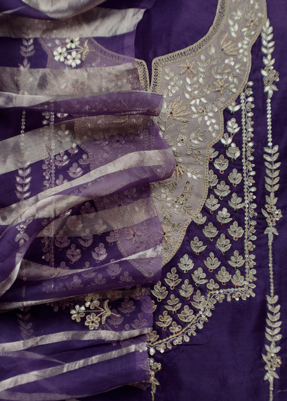 Luxe Purple Organza Silk Suit Fabric And Zari Panel Dupatta With Dori And Gotapatti Handwork