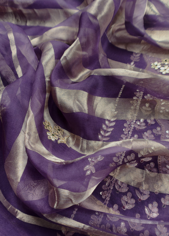 Luxe Purple Organza Silk Suit Fabric And Zari Panel Dupatta With Dori And Gotapatti Handwork