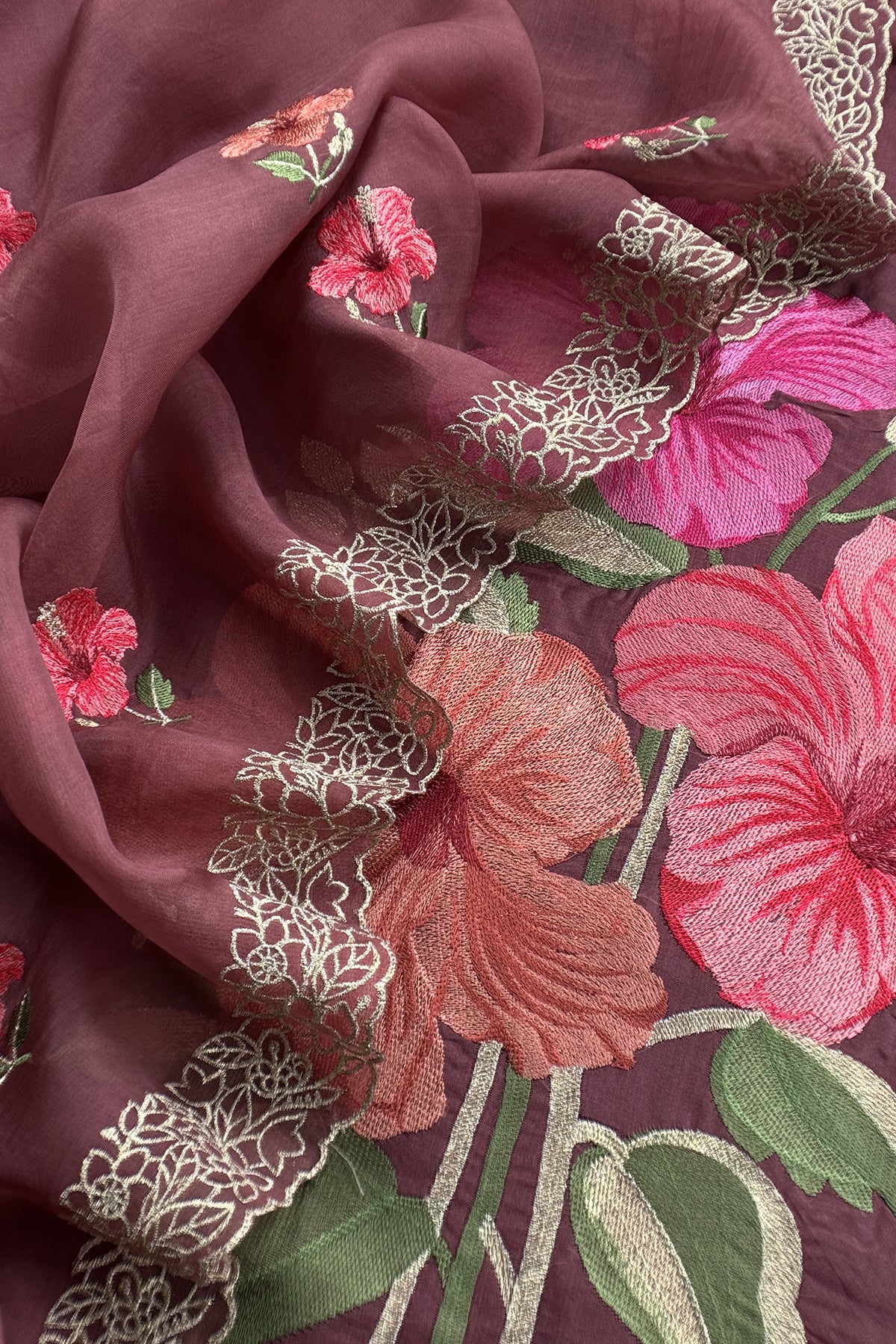 Mauve Brown Pure Organza Unstitched Suit With Tropical Hibiscus Embroidery