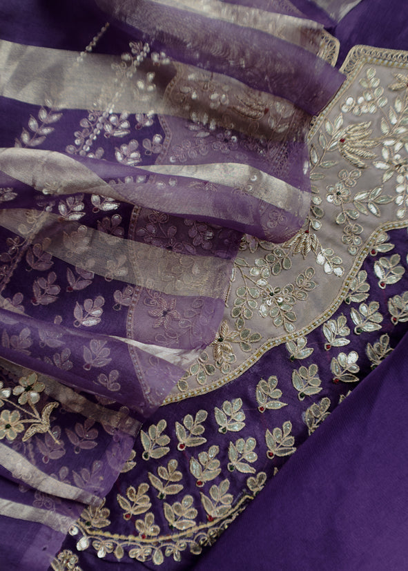 Luxe Purple Organza Silk Suit Fabric And Zari Panel Dupatta With Dori And Gotapatti Handwork