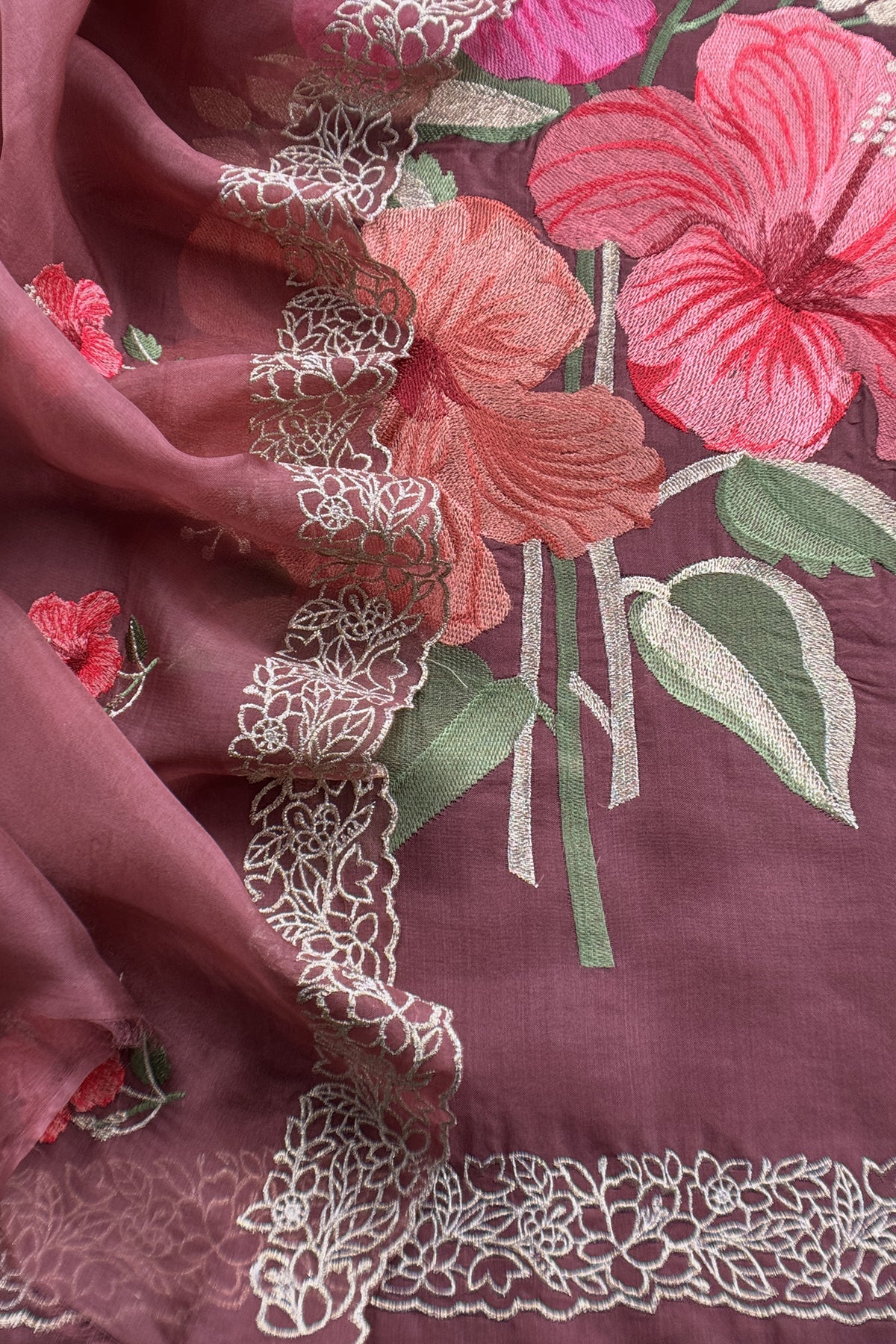 Mauve Brown Pure Organza Unstitched Suit With Tropical Hibiscus Embroidery
