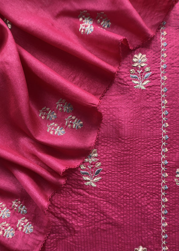 Sahiba 2025 Sangria Pink Pintuck Handloom Desi Tussar Suit With Zardosi And Resham Embroidery