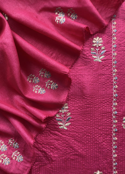 Sahiba 2025 Sangria Pink Pintuck Handloom Desi Tussar Suit With Zardosi And Resham Embroidery