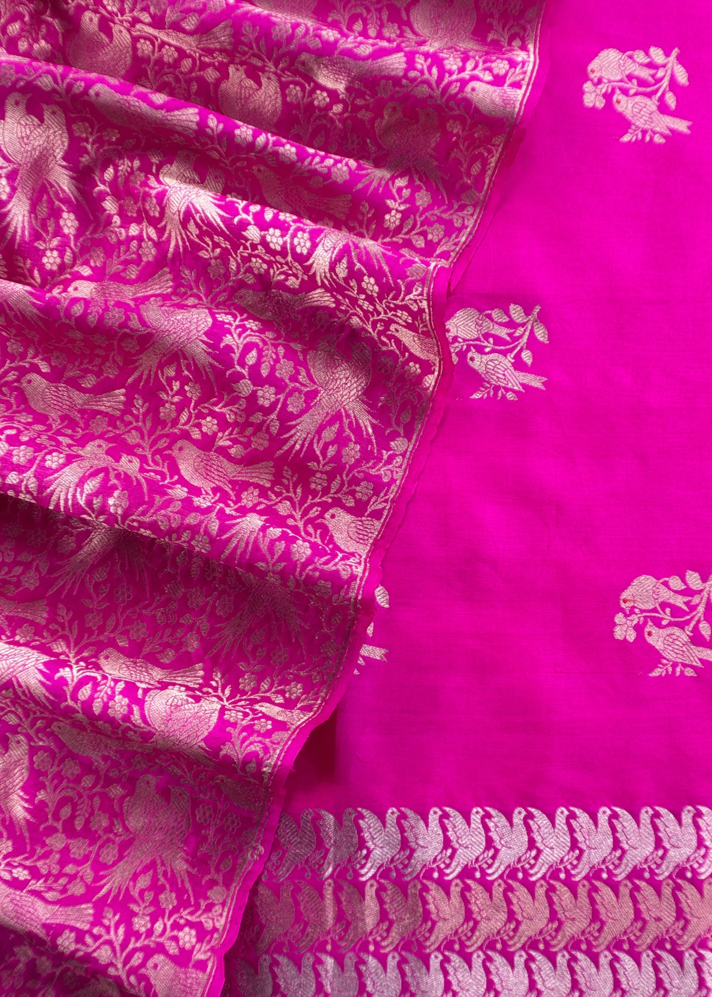 Rani Pink Chidiya Handloom Katan Silk Suit Fabric With Kadwa Weaving