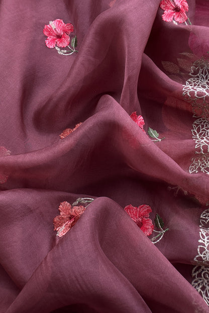 Mauve Brown Pure Organza Unstitched Suit With Tropical Hibiscus Embroidery