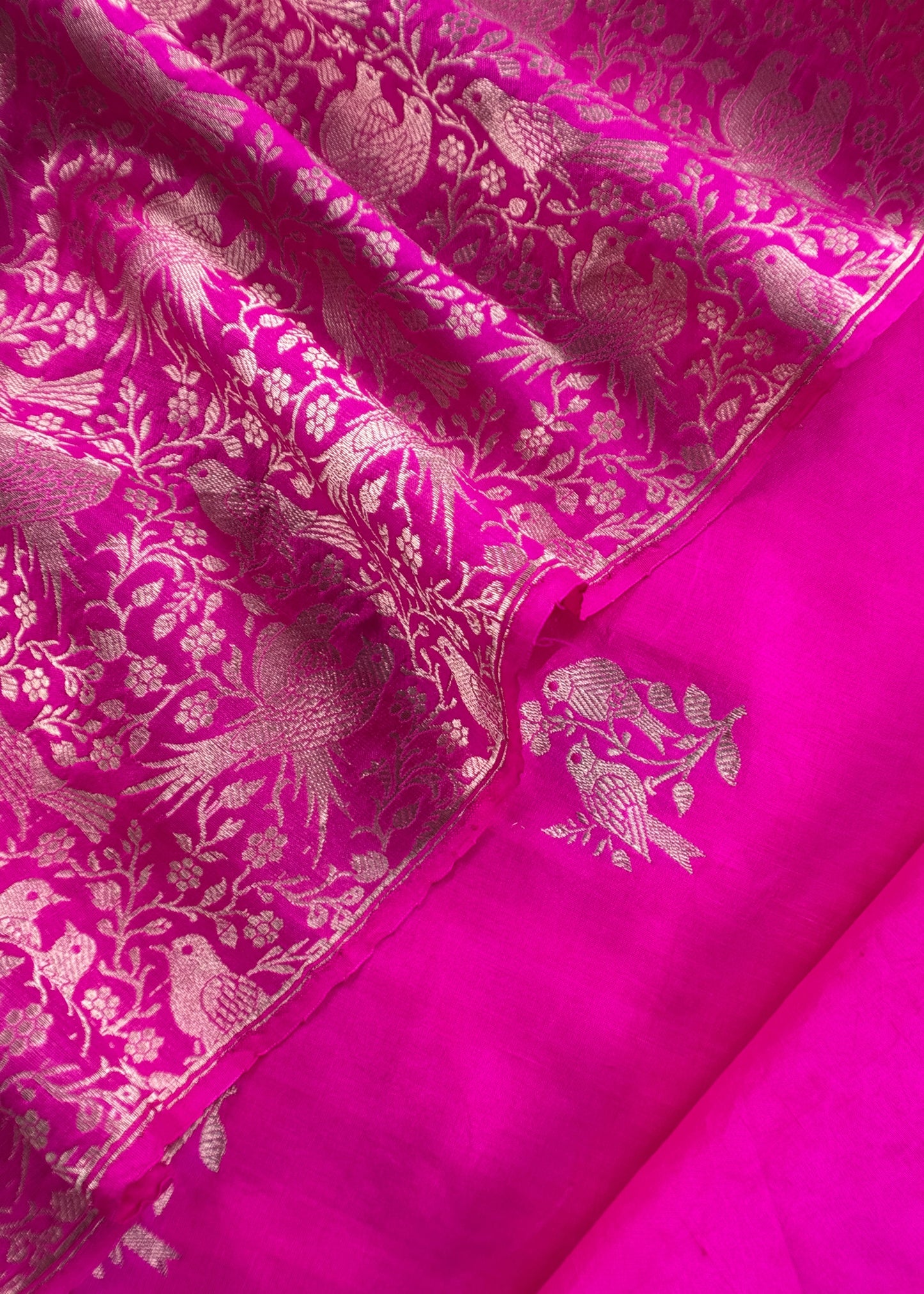 Rani Pink Chidiya Handloom Katan Silk Suit Fabric With Kadwa Weaving