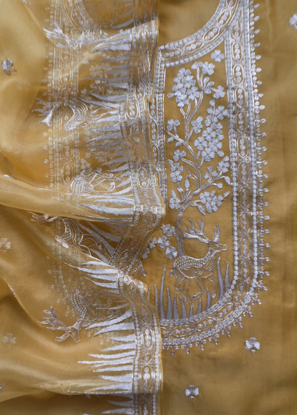 Luxe The Yellow Pure Kora Silk Suit With Gold And Silver Pitta Handwork