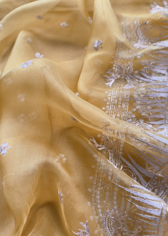 Luxe The Yellow Pure Kora Silk Suit With Gold And Silver Pitta Handwork