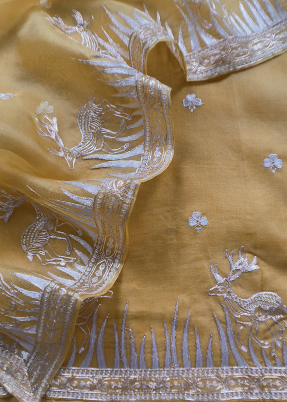 Luxe The Yellow Pure Kora Silk Suit With Gold And Silver Pitta Handwork
