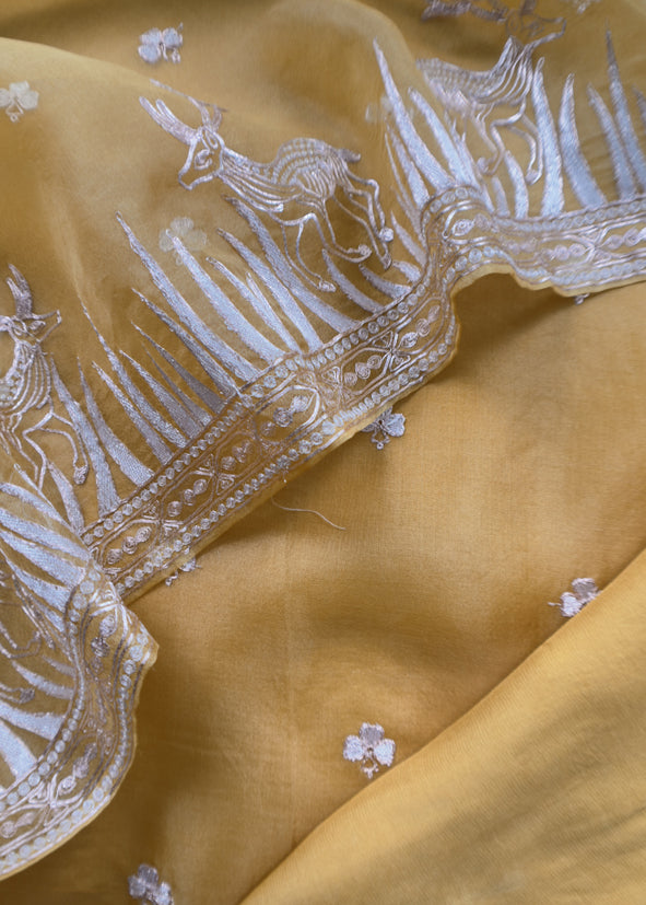 Luxe The Yellow Pure Kora Silk Suit With Gold And Silver Pitta Handwork