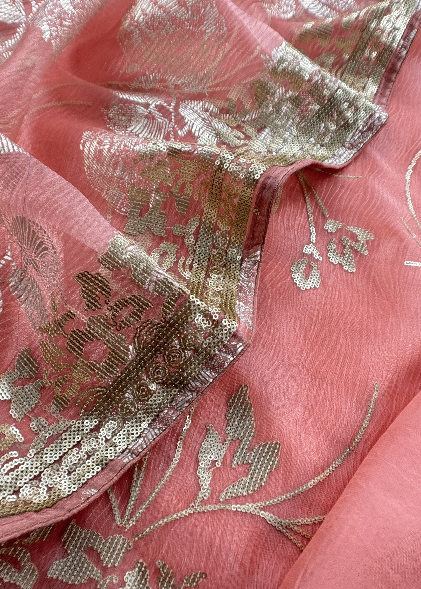 Peach Kantha Embroidered Unstitched Suit In Handloom Tussar Silk