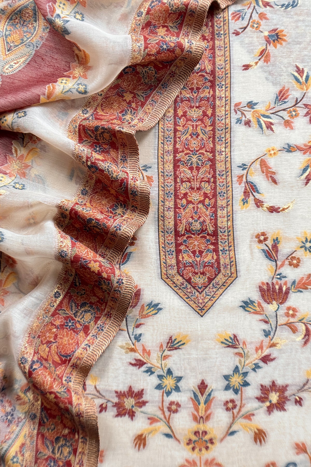 Naqsh Pure Cotton Silk Unstitched Suit fabric with Kani Gold Jamawar Weaving