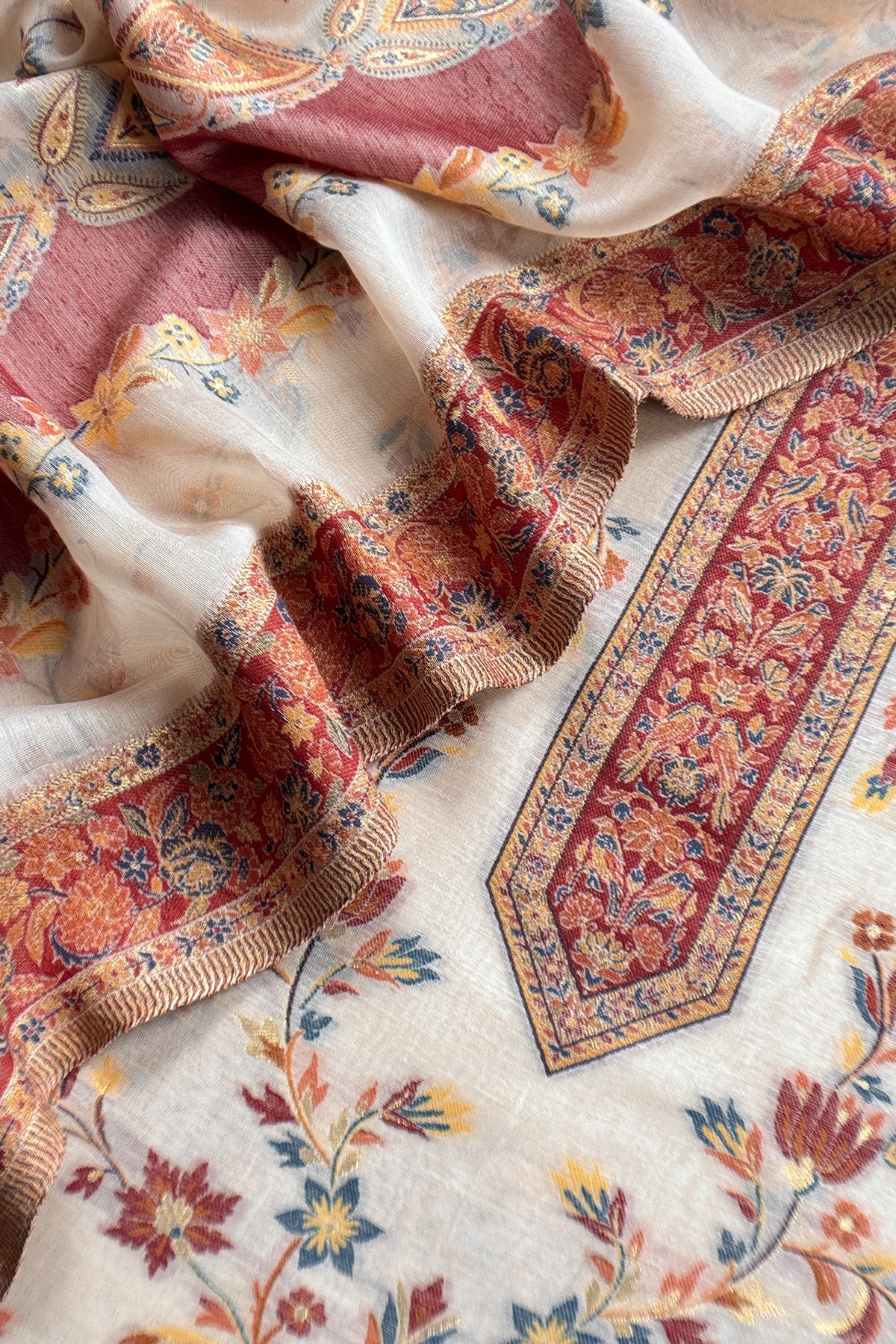 Naqsh Pure Cotton Silk Unstitched Suit fabric with Kani Gold Jamawar Weaving