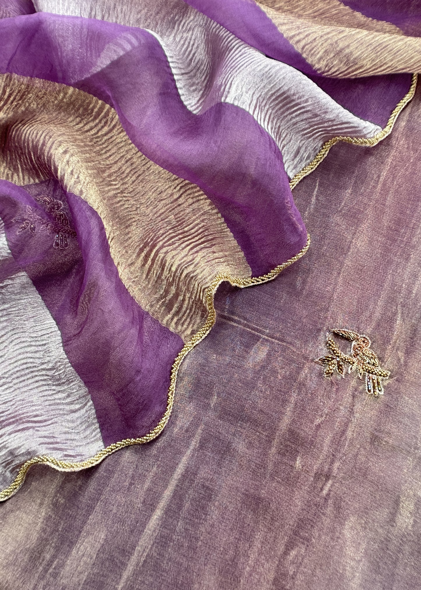 Gold purple Tissue silk Suit with Kingfisher Shikagarh Handwork