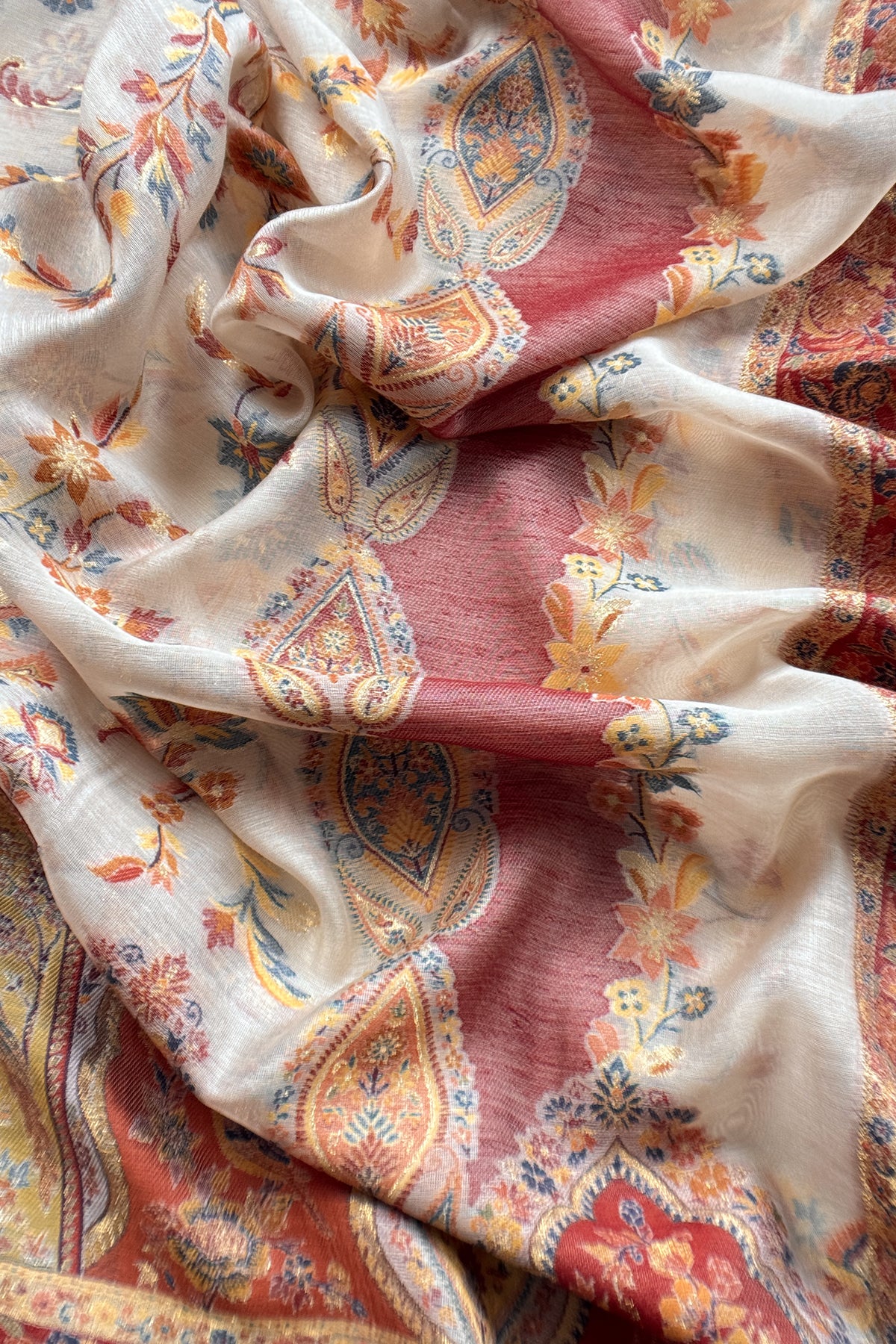 Naqsh Pure Cotton Silk Unstitched Suit fabric with Kani Gold Jamawar Weaving
