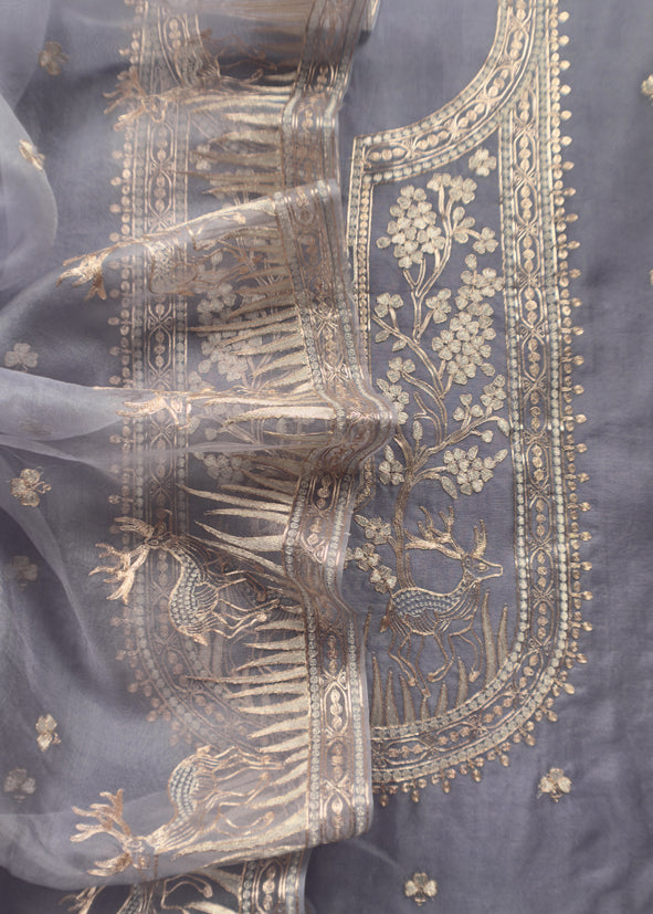 Luxe The Voilet Affair Pure Kora Silk Suit With Gold And Silver Pitta Handwork