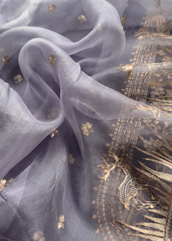 Luxe The Voilet Affair Pure Kora Silk Suit With Gold And Silver Pitta Handwork