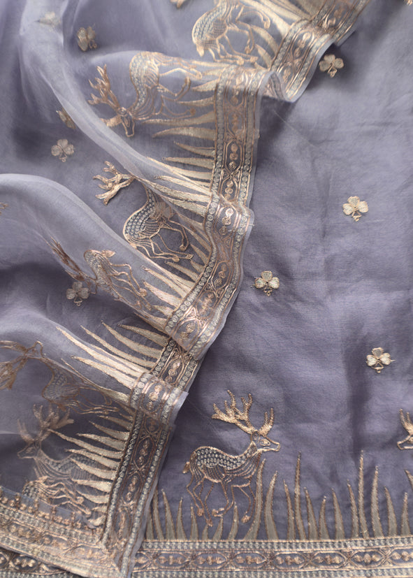 Luxe The Voilet Affair Pure Kora Silk Suit With Gold And Silver Pitta Handwork