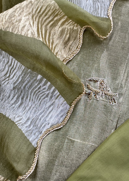 Gold purple Tissue silk Suit with Kingfisher Shikagarh Handwork