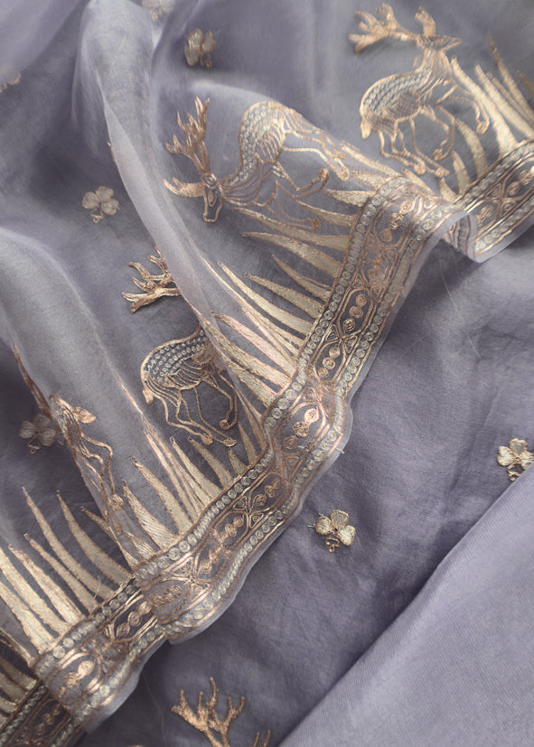 Luxe The Voilet Affair Pure Kora Silk Suit With Gold And Silver Pitta Handwork