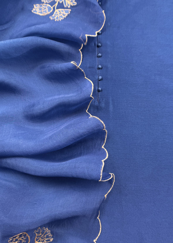 Royal Blue Handwoven Silk kurta And Kora Silk Dupatta With Pitta And Appliqué Work