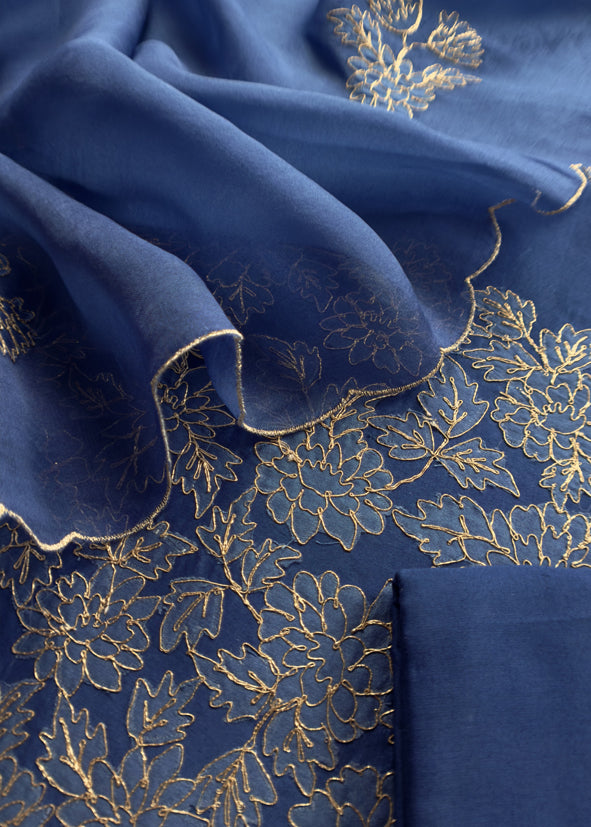 Royal Blue Handwoven Silk kurta And Kora Silk Dupatta With Pitta And Appliqué Work