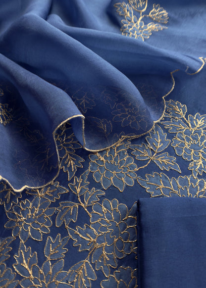 Royal Blue Handwoven Silk kurta And Kora Silk Dupatta With Pitta And Appliqué Work