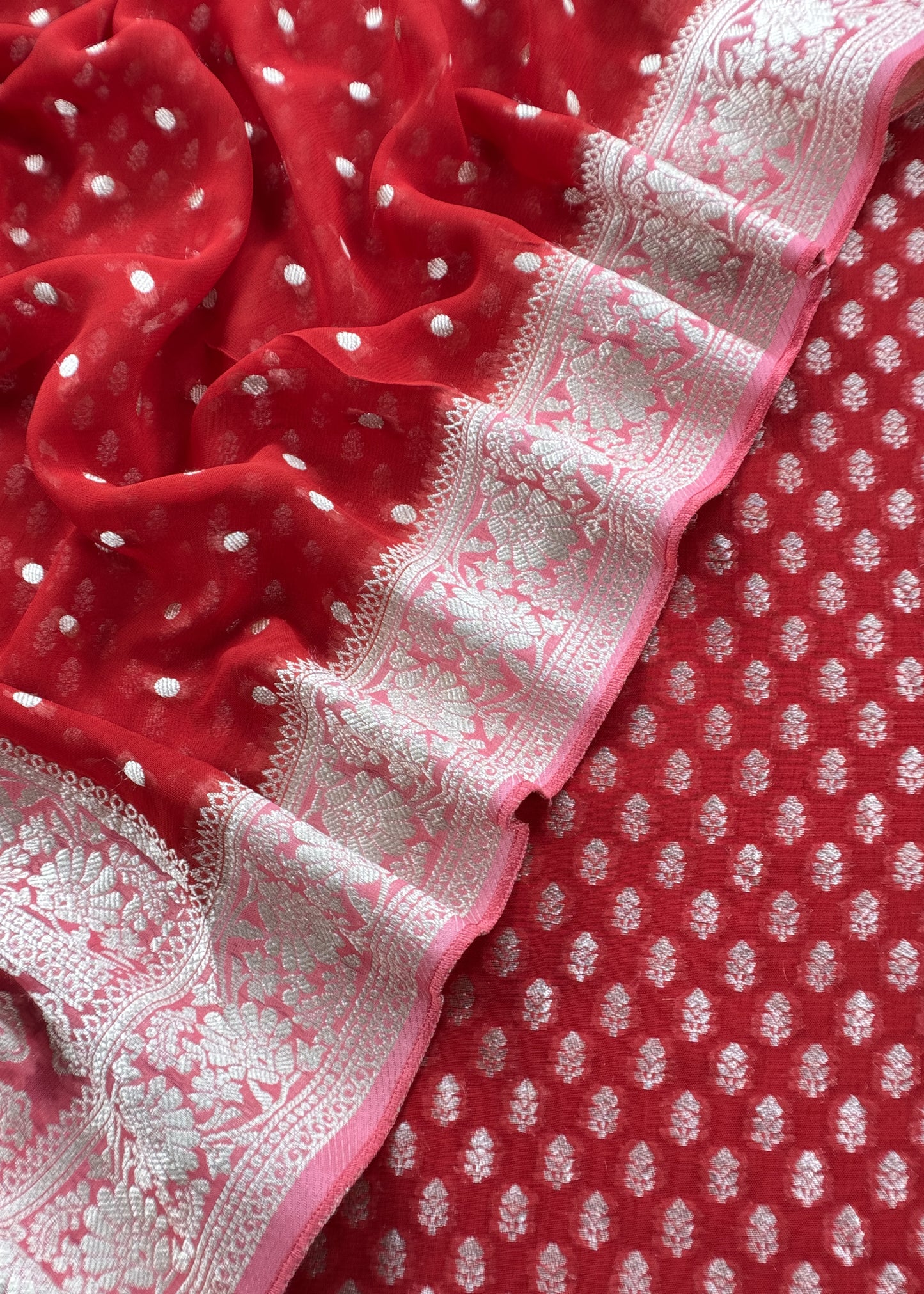 Red Handloom Khadi Weaving Unstitched Suit In Georgette