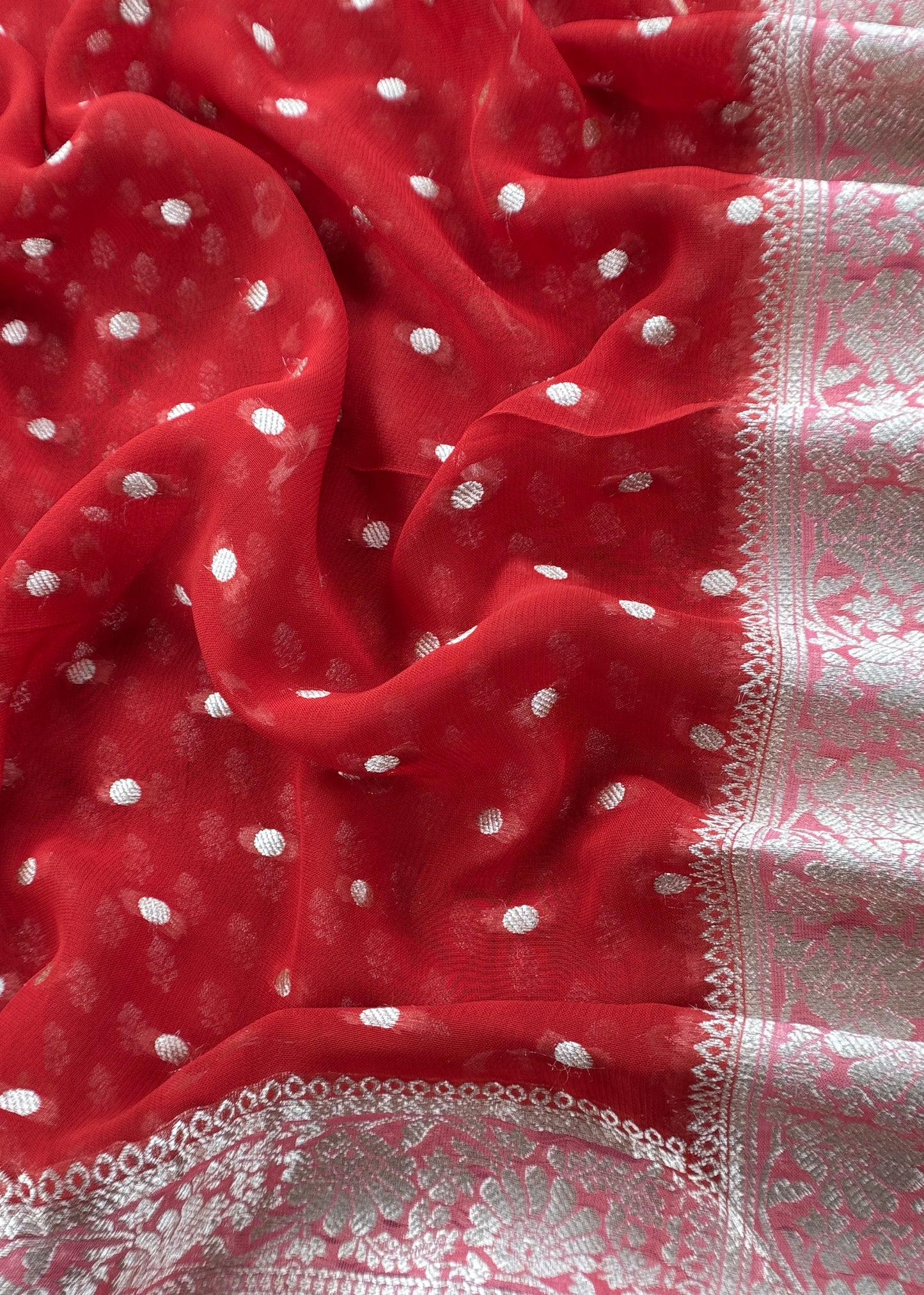Red Handloom Khadi Weaving Unstitched Suit In Georgette