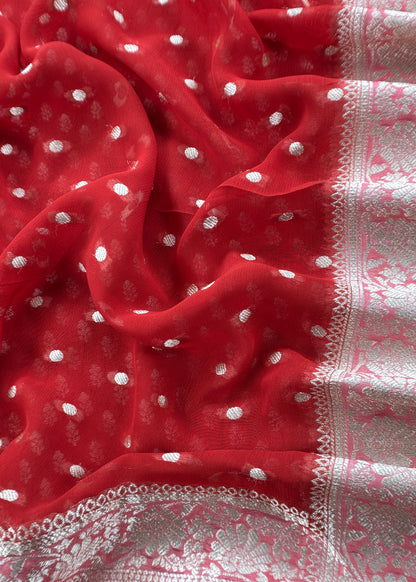 Red Handloom Khadi Weaving Unstitched Suit In Georgette