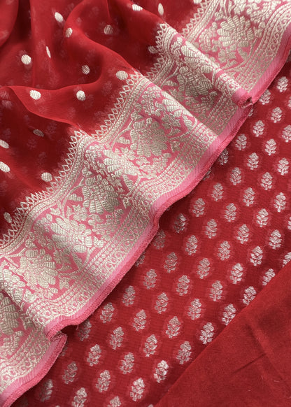 Red Handloom Khadi Weaving Unstitched Suit In Georgette