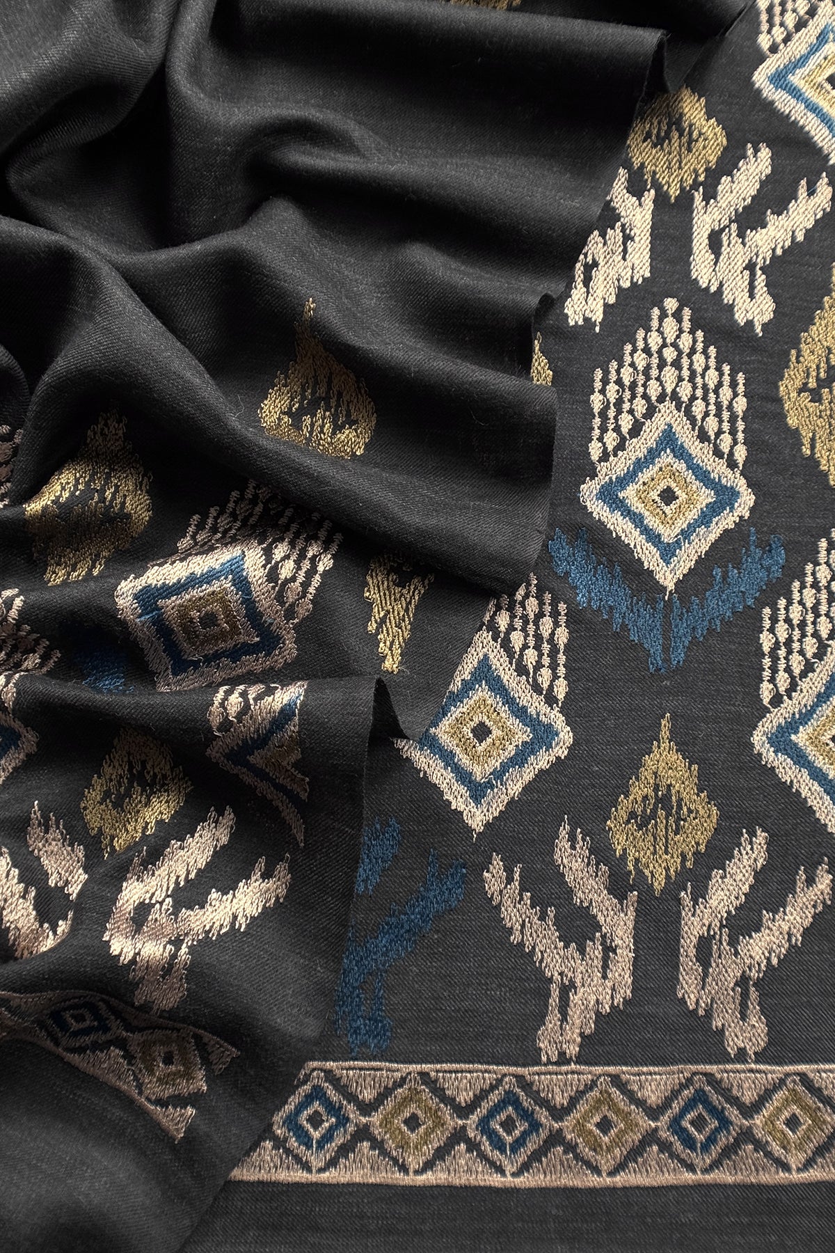 Charcoal Grey Winters Pure Wool Unstitched Suit Fabric with Aari Embroidery