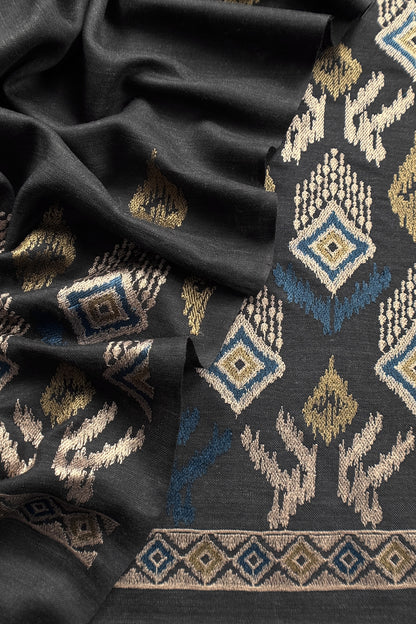 Charcoal Grey Winters Pure Wool Unstitched Suit Fabric with Aari Embroidery