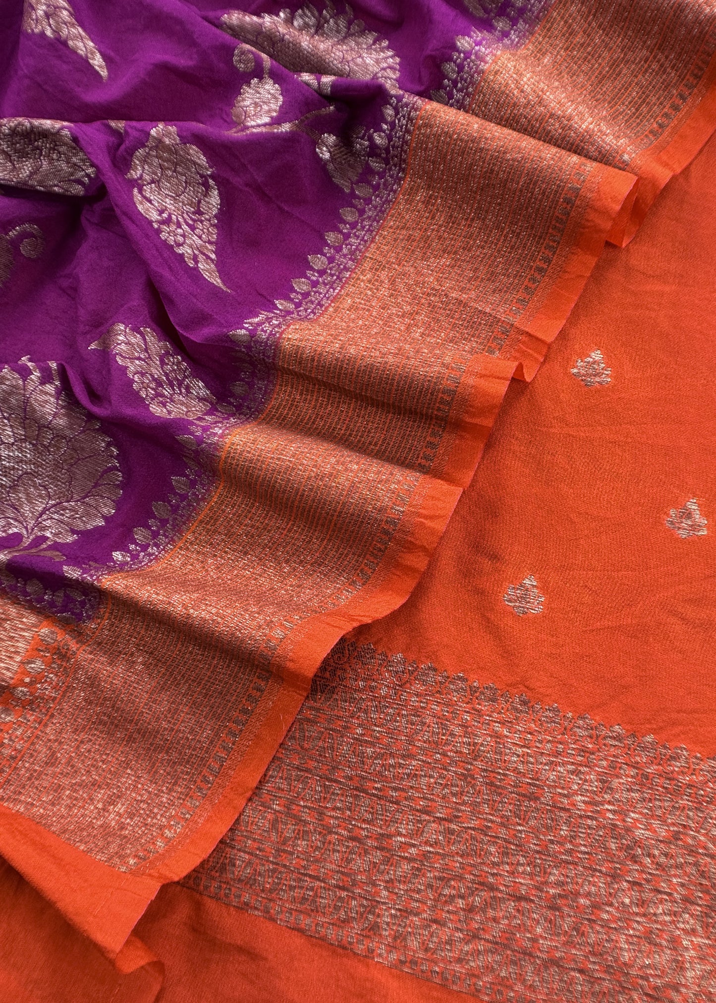 Orange And Purple Contrast Banarasi Silk Suit Fabric With Zari Weaving