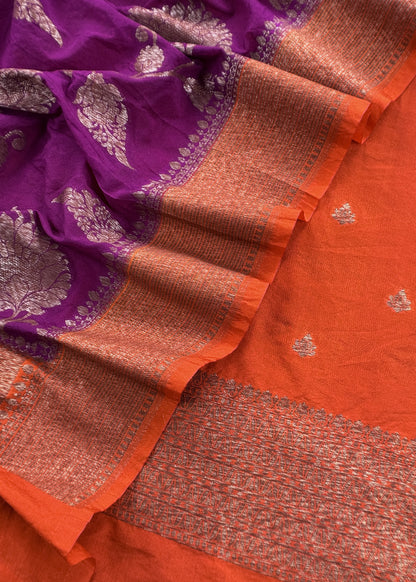 Orange And Purple Contrast Banarasi Silk Suit Fabric With Zari Weaving