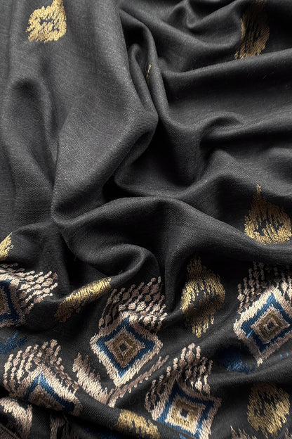 Charcoal Grey Winters Pure Wool Unstitched Suit Fabric with Aari Embroidery