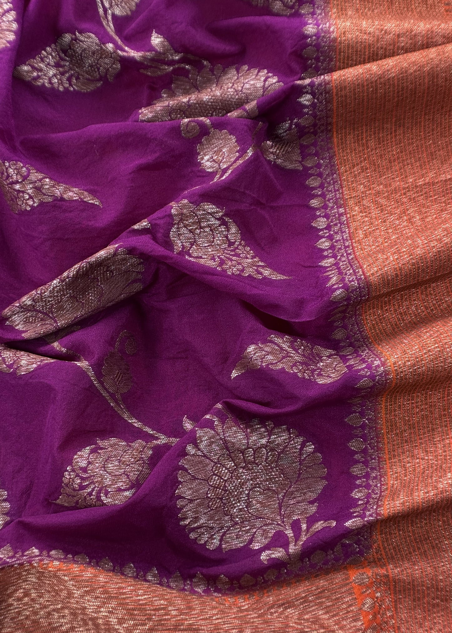 Orange And Purple Contrast Banarasi Silk Suit Fabric With Zari Weaving