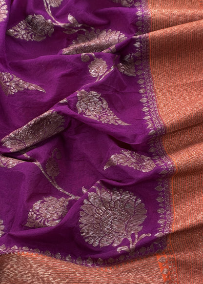 Orange And Purple Contrast Banarasi Silk Suit Fabric With Zari Weaving