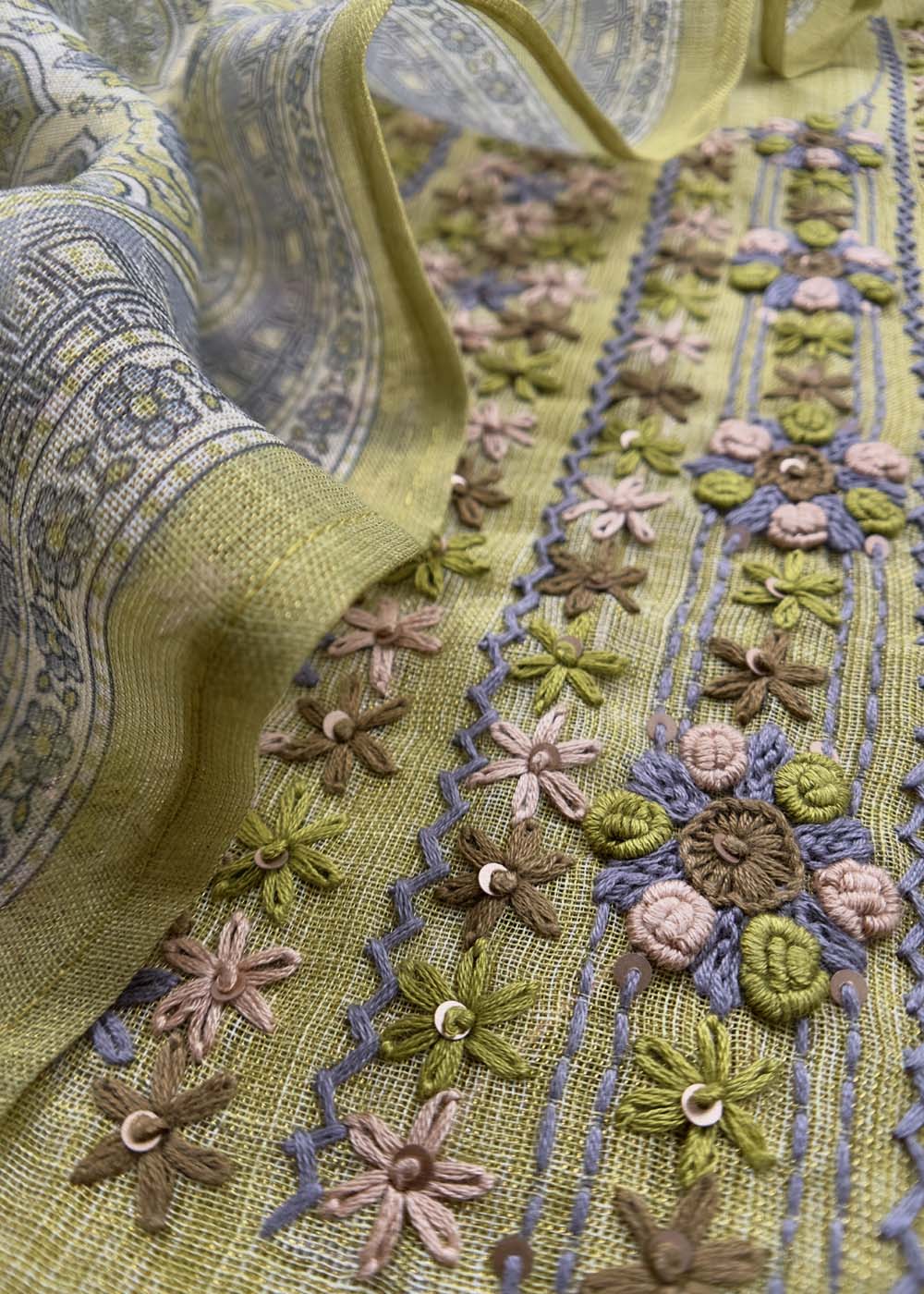 Green Linen Chanderi Suit with french knot embroidery