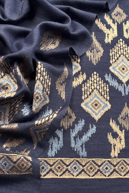 Navy Blue Winters Pure Wool Unstitched Suit Fabric with Aari Embroidery
