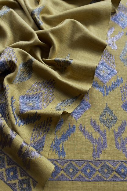 Mehndi Green Winters Pure Wool Unstitched Suit Fabric with Aari Embroidery