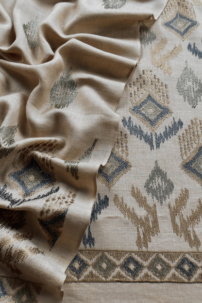 Light Beige Winters Pure Wool Unstitched Suit Fabric with Aari Embroidery